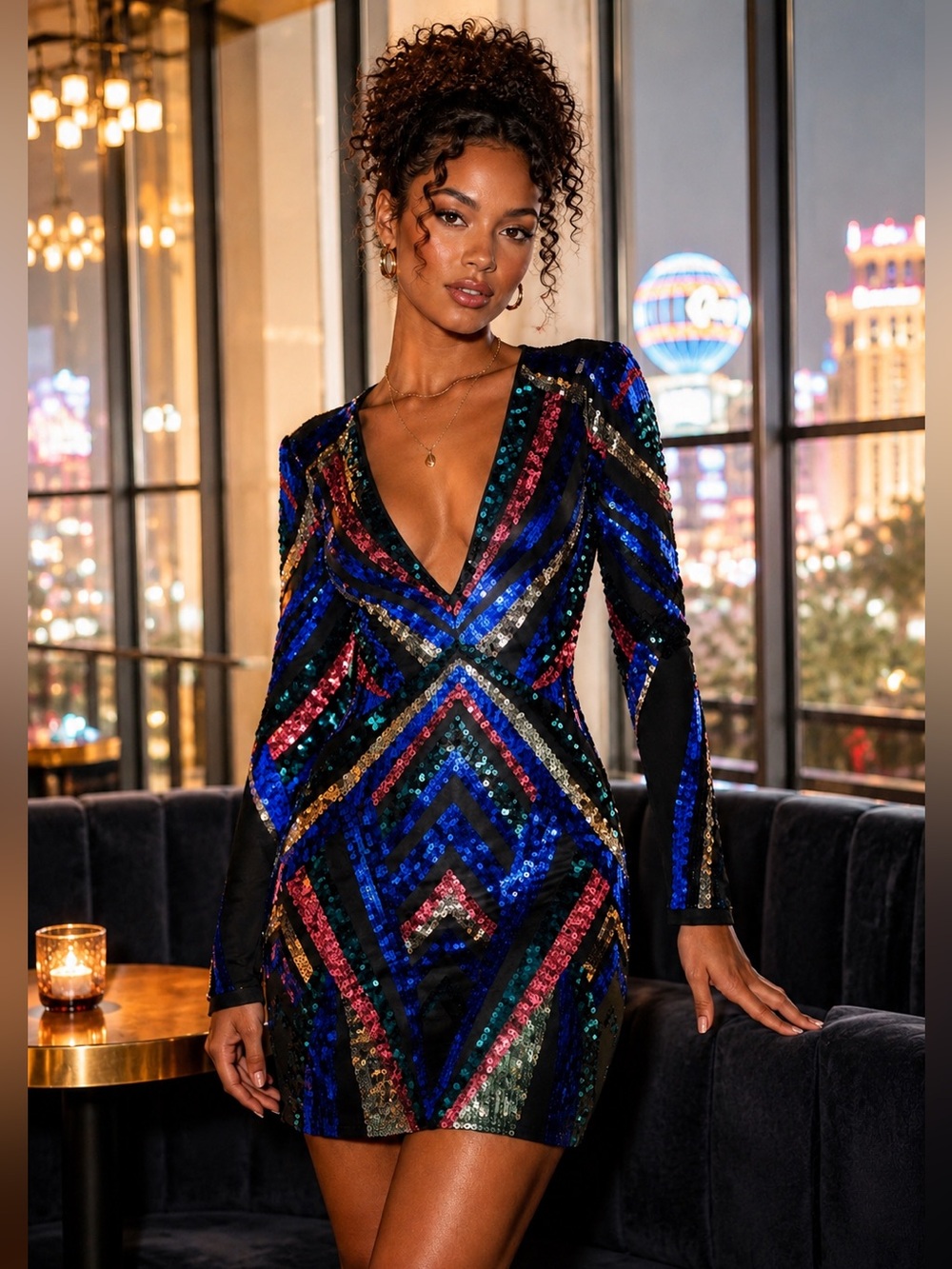 Express NWT Geometric Sequin Deep V Long Sleeve Bodycon Mini Dress XS
